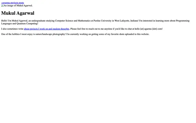 The earliest archived homepage, with plain text, blue links, and a portrait placeholder.
