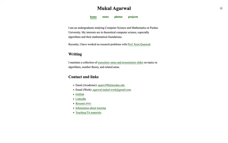The green Astro homepage, with centered navigation, a writing section, and contact links.