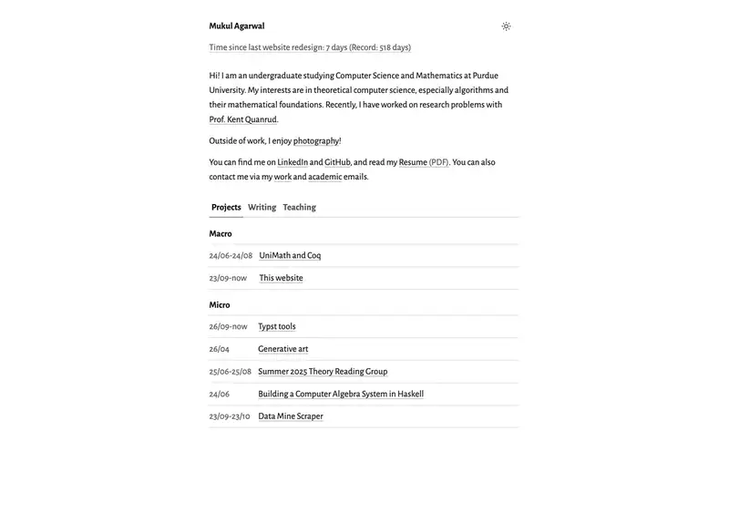 The current homepage, with compact typography and tabs for projects, writing, and teaching.